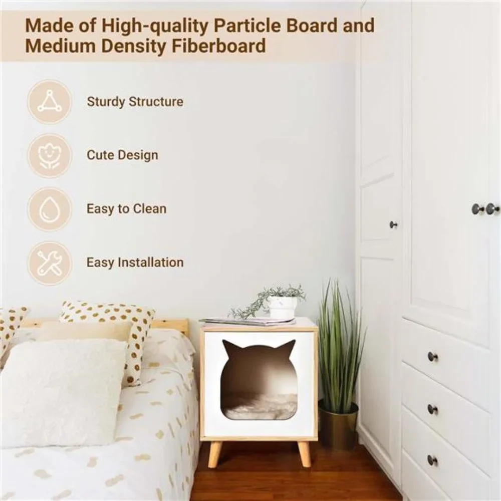 Wooden Cat House, Cat Condo Wood Kitten Hidden Cave TV Cat Bed with Cushion